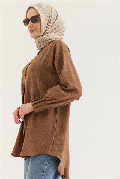 Keten Kumaş Kol Nervül Detaylı Gömlek Tunik Vizon