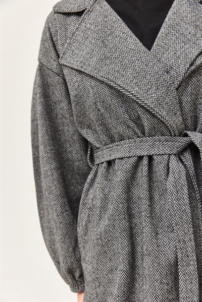 Balıksırtı Desenli Kuşaklı Kap Gri