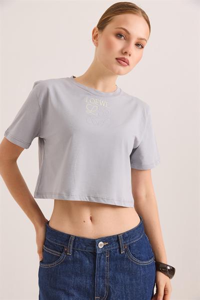 Nakışlı Örme Pamuk Crop Tshirt Gri