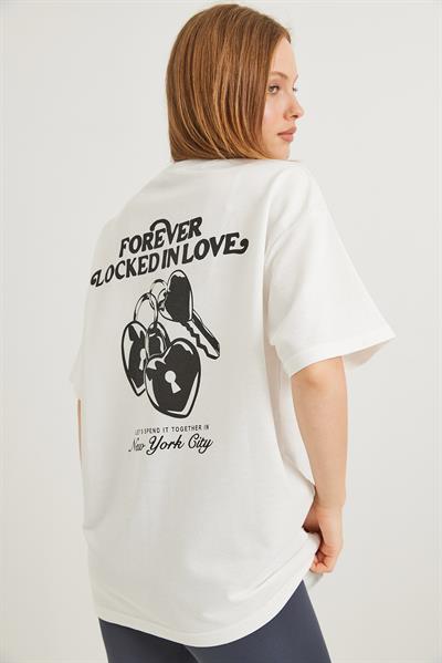 Baskılı Oversize İki İplik Tshirt Ekru