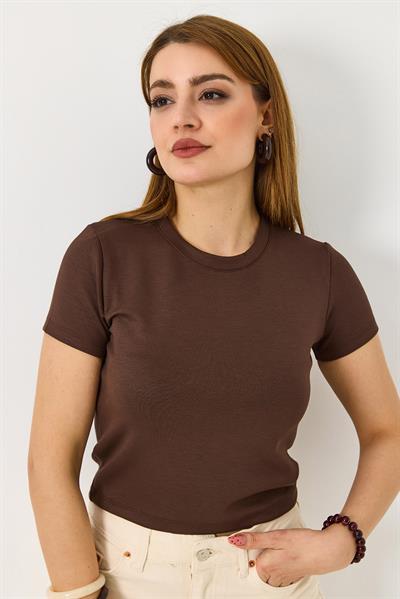 Kadın Bisiklet Yaka Düz Crop Bluz Kahverengi