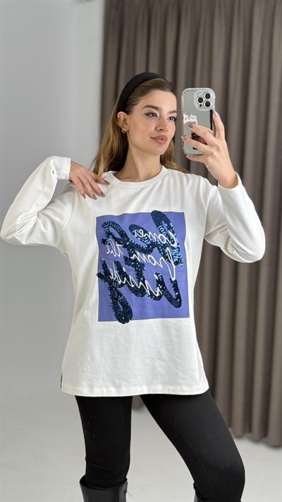 Kadın Beyaz Baskılı Uzun Kollu Tshirt