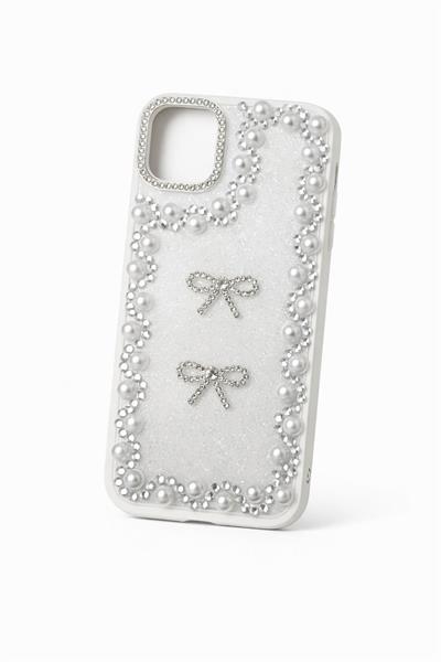 İphone 15 Pro Max Uyumlu Taş Detaylı Telefon Kılıfı Beyaz