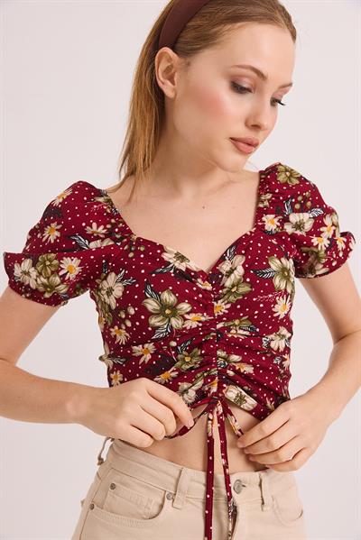 Desenli Prenses Kol Önden Büzgülü Bluz Bordo