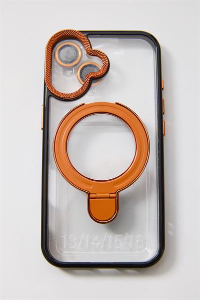 İphone 16 Plus Uyumlu Stand Tutucu Halka Şeffaf Telefon Kılıfı Turuncu