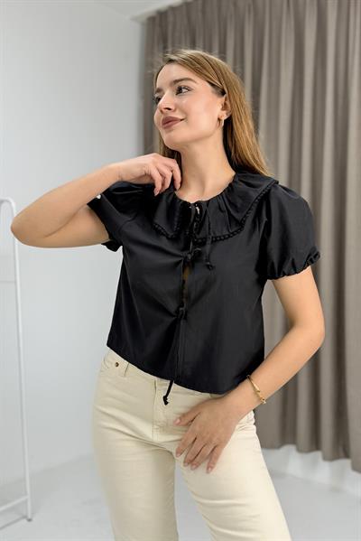 Kadın Bebe Yaka Kısa Kol İpli Bluz Siyah