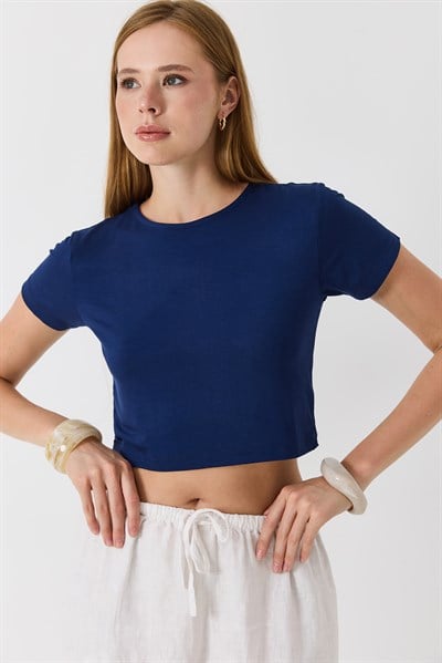 Kadın Bisiklet Yaka Penye Crop Bluz Lacivert