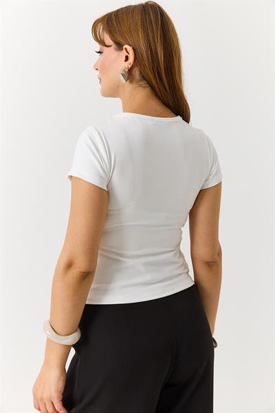 Kadın Basic Bisiklet Yaka Düz Tshirt Beyaz