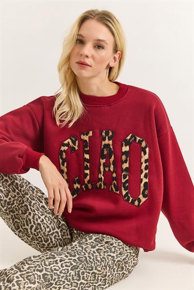 Kadın Üç İplik Leopar Baskılı Sweatshirt Bordo 