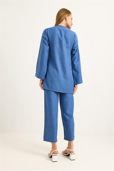 Yandan Bağlamalı Kimono Pantolon İkili Takım Mavi