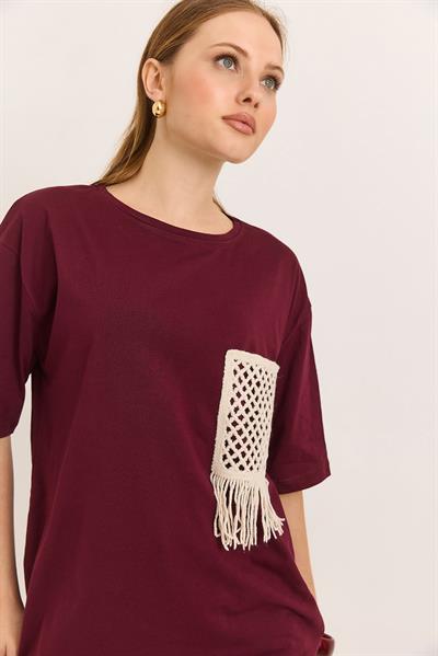 Hasır Cepli Yumuşak Dokulu Fit Tshirt Bordo