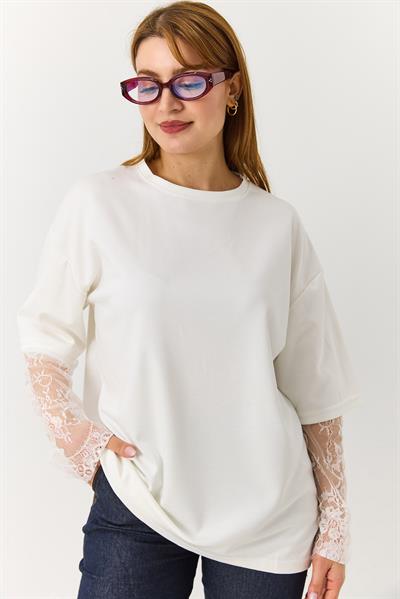 Kadın Kolu Tül Detaylı Oversize Tshirt Beyaz