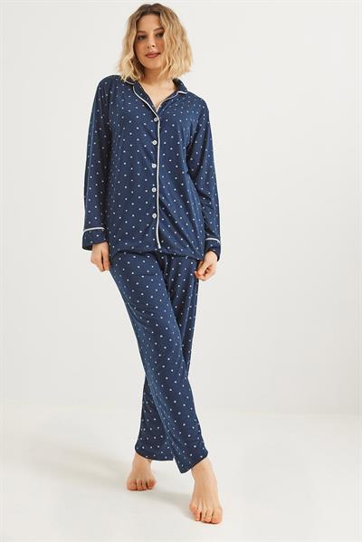 Düğmeli Uzun Kollu Pijama Takımı Lacivert