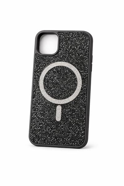 İphone 13 Uyumlu Parlak ve Taşlı Kart Bölümlü Kılıf Siyah