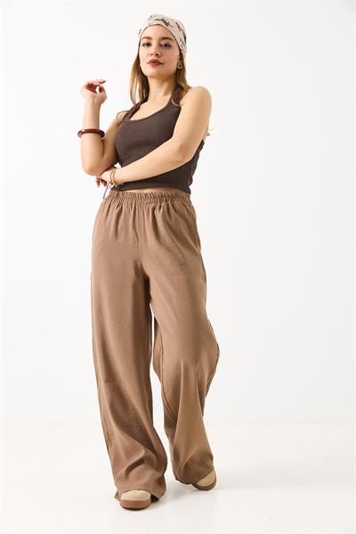 Kadın Bol Kesim Tensel Kumaş Beli Lastikli Kahverengi