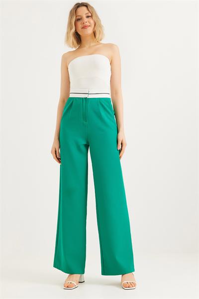 Beli Şeritli Bol Paça Pantolon Yeşil