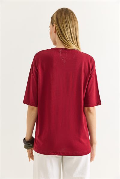 Kalp Dekolteli Bisiklet Yaka Tshirt Bordo