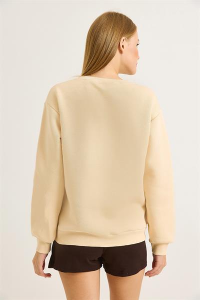Kadın Labubu İşlemeli Üç İplik Sweatshirt Bej