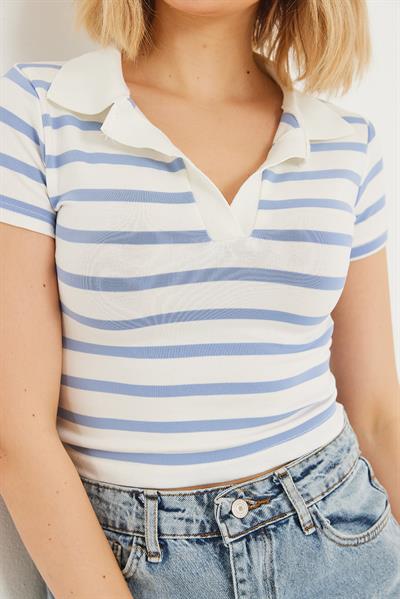 Polo Yaka Çizgili Crop Bluz Mavi