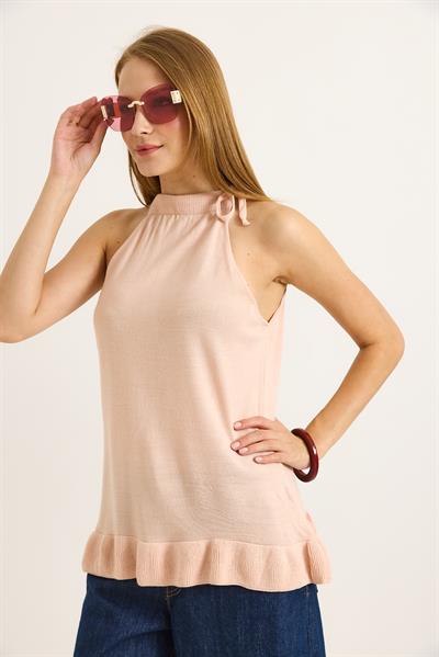 Boyundan Bağlamalı Triko Bluz Pudra