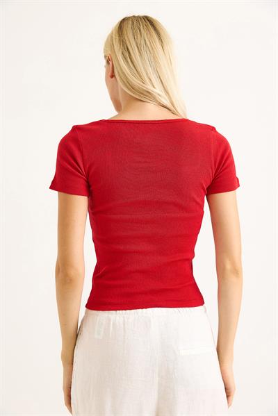 Fitilli Kare Yaka Kısa Kollu Kırmızı Bluz