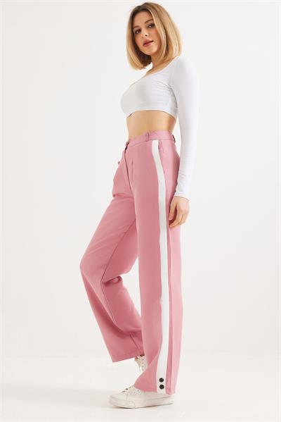 Yanları Şeritli Bol Paça Pantolon Pembe