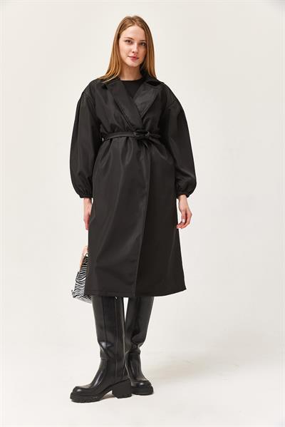 Bel Kuşaklı Oversize Trençkot Siyah