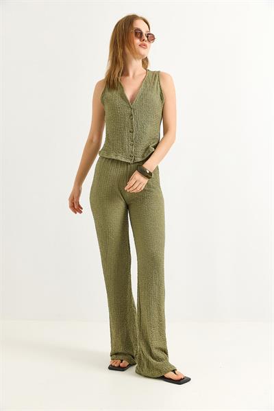 Crop Yelek Pantolon İkili Takım Haki