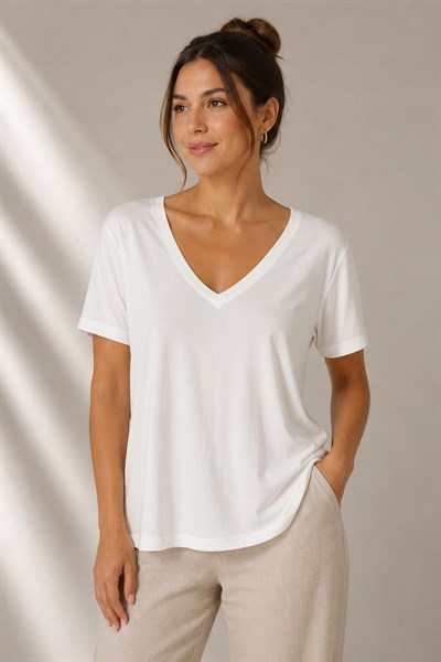 Kadın V Yaka Oversize Tshirt Beyaz