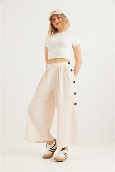 Yanları  Düğmeli  Bol Kesim Keten Pantolon  Krem