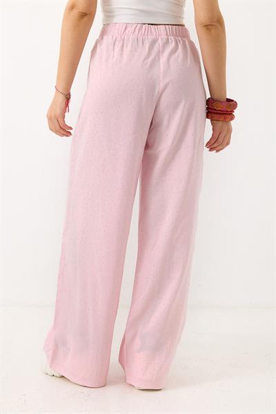 Kadın Taş Detaylı Bol Kesim Keten Görünümlü Pantolon Pembe