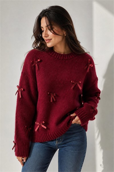 Kadın Kurdele Detaylı Oversize Triko Kazak Bordo