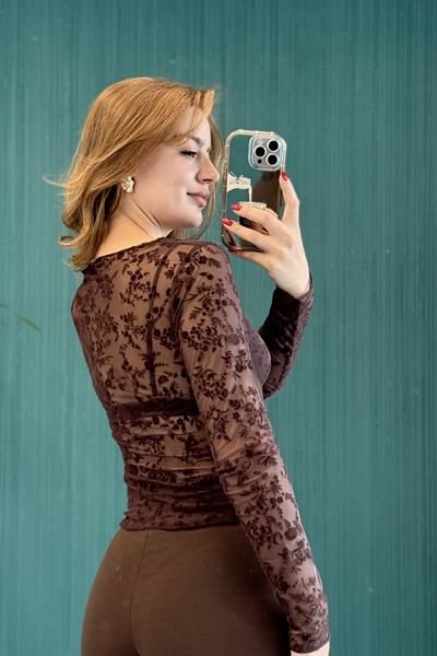 Kadın Transparan Bisiklet Yaka Güpürlü Uzun Kollu Bluz