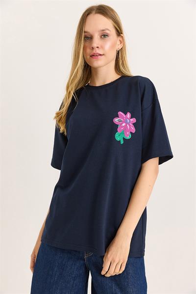 Baskılı Bisiklet Yaka Basic Tshirt Lacivert