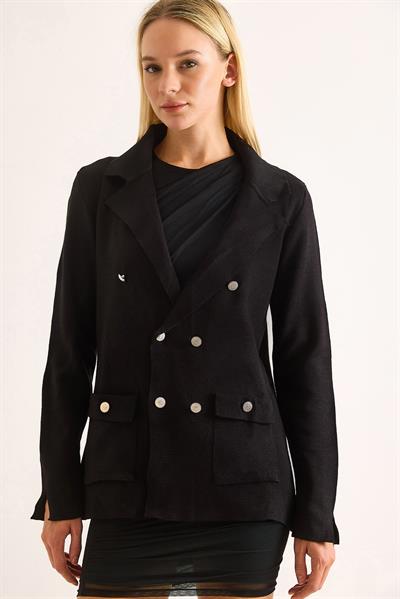 Blazer Triko Şık Düğmeli Ceket Siyah