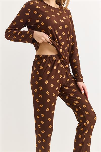 Kadın Kahverengi Biskilet Yaka Baskılı Pijama Takımı