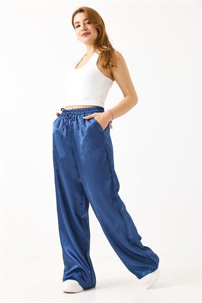 Kadın Saten Bol Kesim Salaş Beli Lastikli Pantolon Petrol Mavisi
