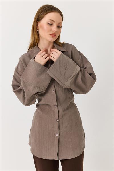 Kadın Kahverengi Oversize İnce Kemerli İspanyol Kol Yumuşak Keten Gömlek