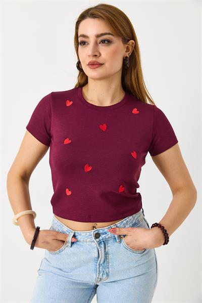 Kadın Kısa Kollu Kırmızı Kalp Baskılı Bordo