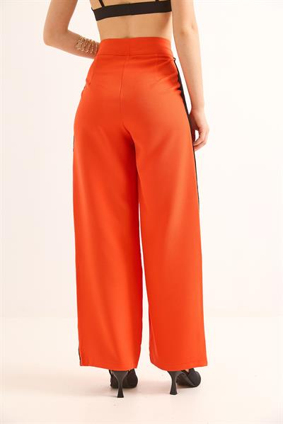 Yanları Şeritli Yüksel Bel Palazzo Pantolon Turuncu