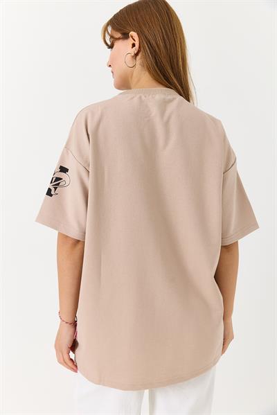 Bisiklet Yaka Baskılı Tshirt Açık Kahve