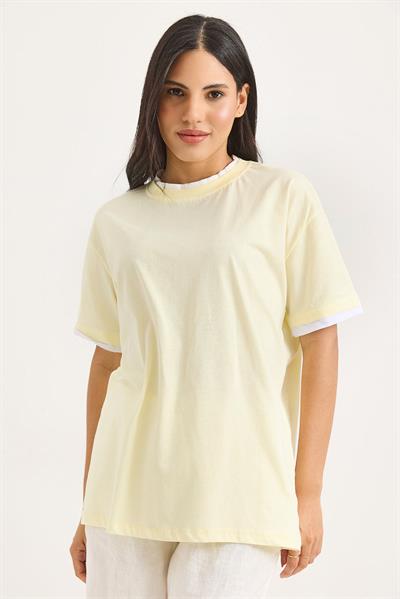 Bisiklet Yaka Kolları Garnili Kadın T-shirt Sarı