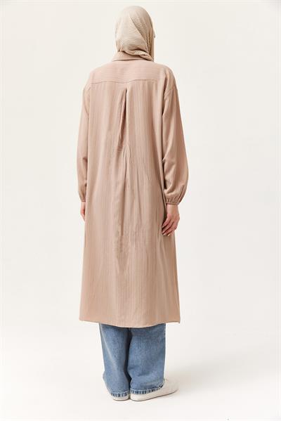 Keten Düğmeli Uzun Tesettür Tunik Bej