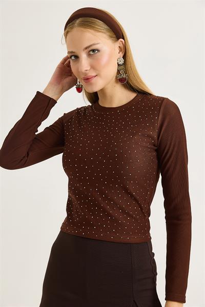 	Kadın Ottoman Bisiklet Yaka Taşlı Bluz Kahve