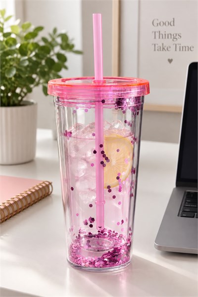 LED Işıklı Simli Pipetli Bardak Pembe