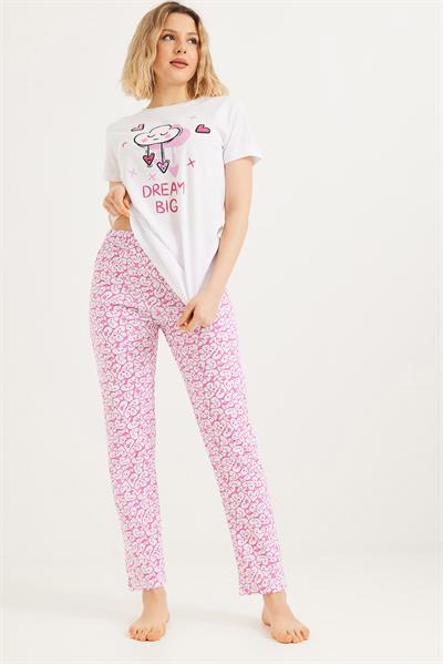 Baskılı Kısa Kol Pijama Takım Beyaz