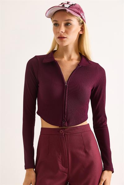 Kadın Polo Yaka Fermuarlı  Fitilli Kaşkorse Crop Bordo