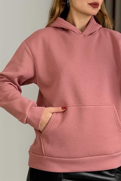 Üç İplik Pembe Şardonlu Kangru Cepli Kapişonlu Sweat