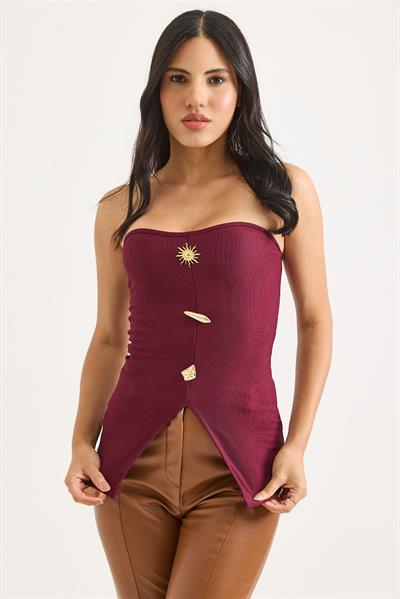 Düğme Detaylı Ottoman Straplez Bordo