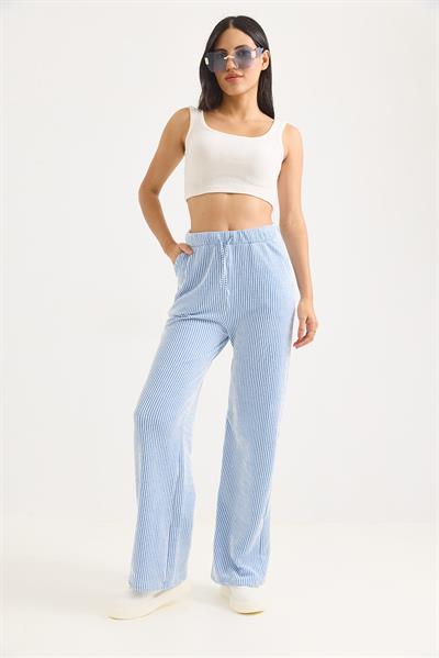 Belden Bağlamalı Geniş Paça Çizgi Desenli Pantolon Mavi